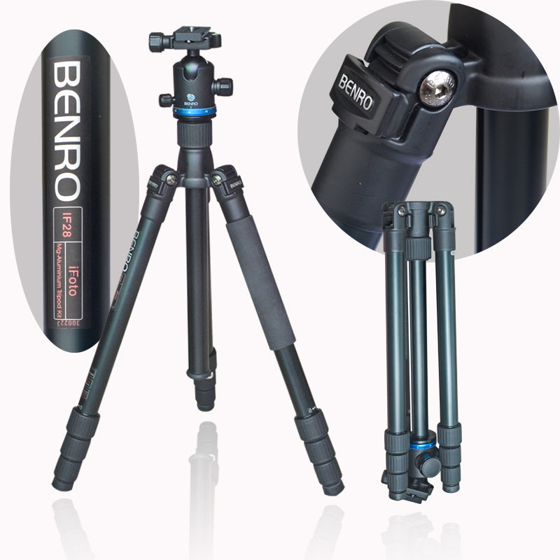 Benro iFoto IF28 aluminum travel tripod kit with 4‑section twist‑lock legs, Arca‑Swiss ball head and carry bag.