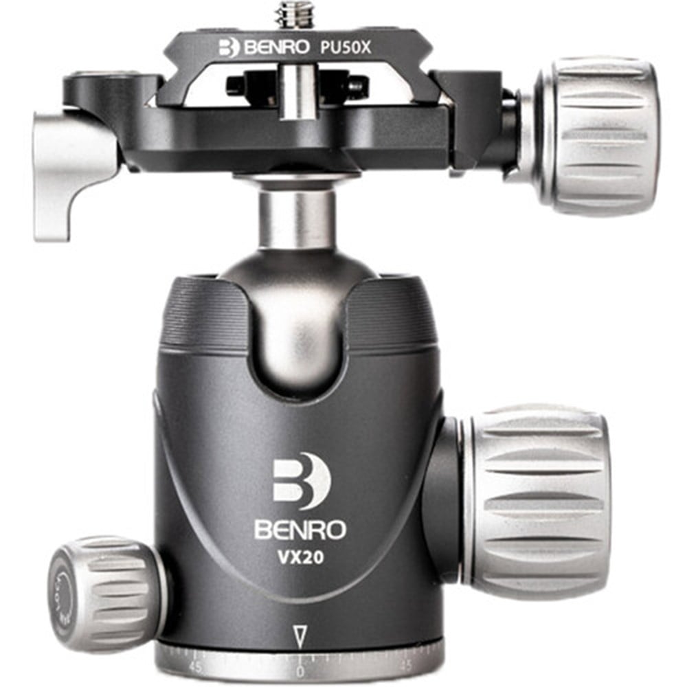 Benro VX20 Two‑Series Arca‑type aluminum ball head in black with ergonomic control knobs for smooth pan and tilt adjustments.