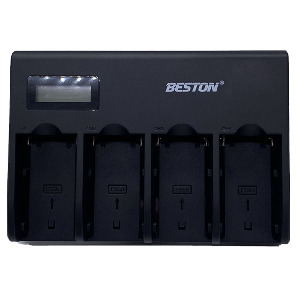 Beston 4-bay charger for Sony NP-F550/750/970 batteries — black multi-slot charging unit with LED indicators.
