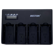 Beston 4-bay charger for Sony NP-F550/750/970 batteries — black multi-slot charging unit with LED indicators.