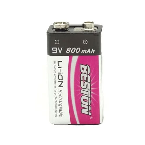 Rechargeable Li-Ion battery with 9V working voltage and 800mAh capacity. 9-volt lithium battery