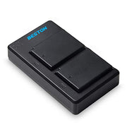 Beston Dual Charger with two LP-E10 rechargeable lithium-ion batteries for Canon cameras, USB powered with micro-USB input 5V/2A, output 8.4V, quick charge in 2.5 hours, compatible with Canon EOS Rebel T3, T5, T6, and T7.