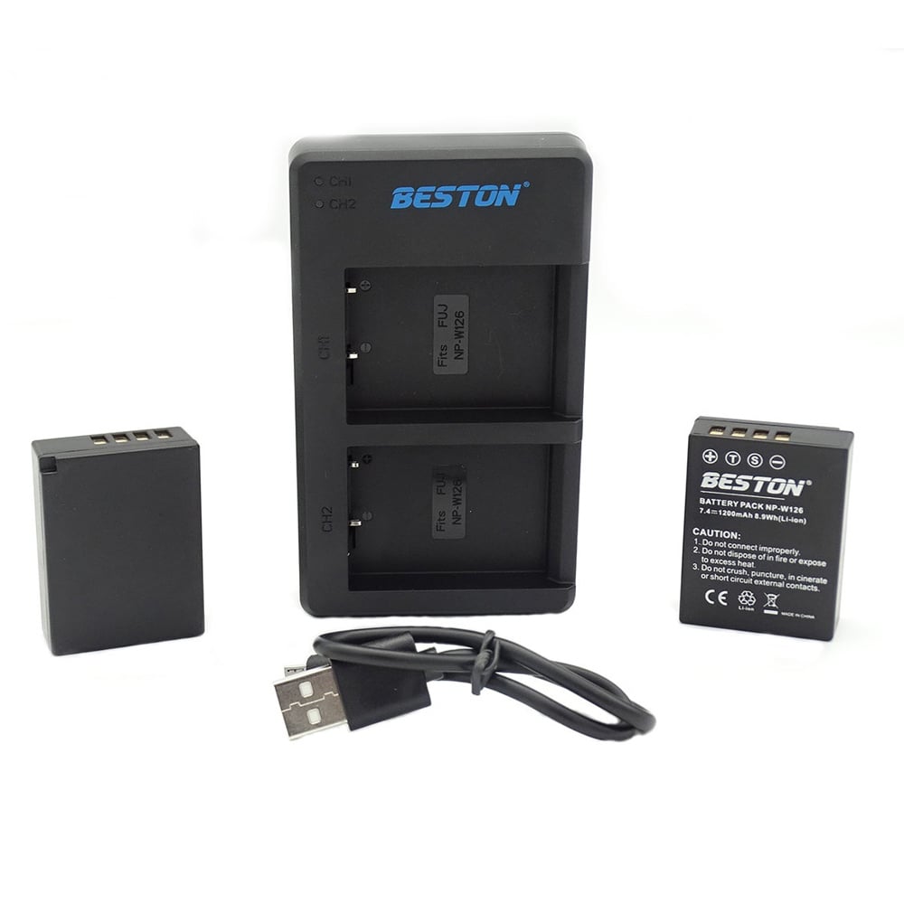Beston Dual Charger with NP-W126 Batteries — compact black charger with dual slots, USB input, LED status indicators, and two 1260mAh rechargeable batteries for Fujifilm cameras.