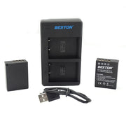 Beston Dual Charger with NP-W126 Batteries — compact black charger with dual slots, USB input, LED status indicators, and two 1260mAh rechargeable batteries for Fujifilm cameras.