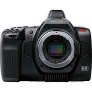 Blackmagic Design Pocket Cinema Camera 6K G2 (Body Only) with a 6144 x 3456 Super 35 HDR sensor, Canon EF mount, Gen 5 colour science, 5-inch tilting touchscreen, dual mini-XLR audio inputs, support for Blackmagic RAW and ProRes recording, and NP-F570 L-series battery.