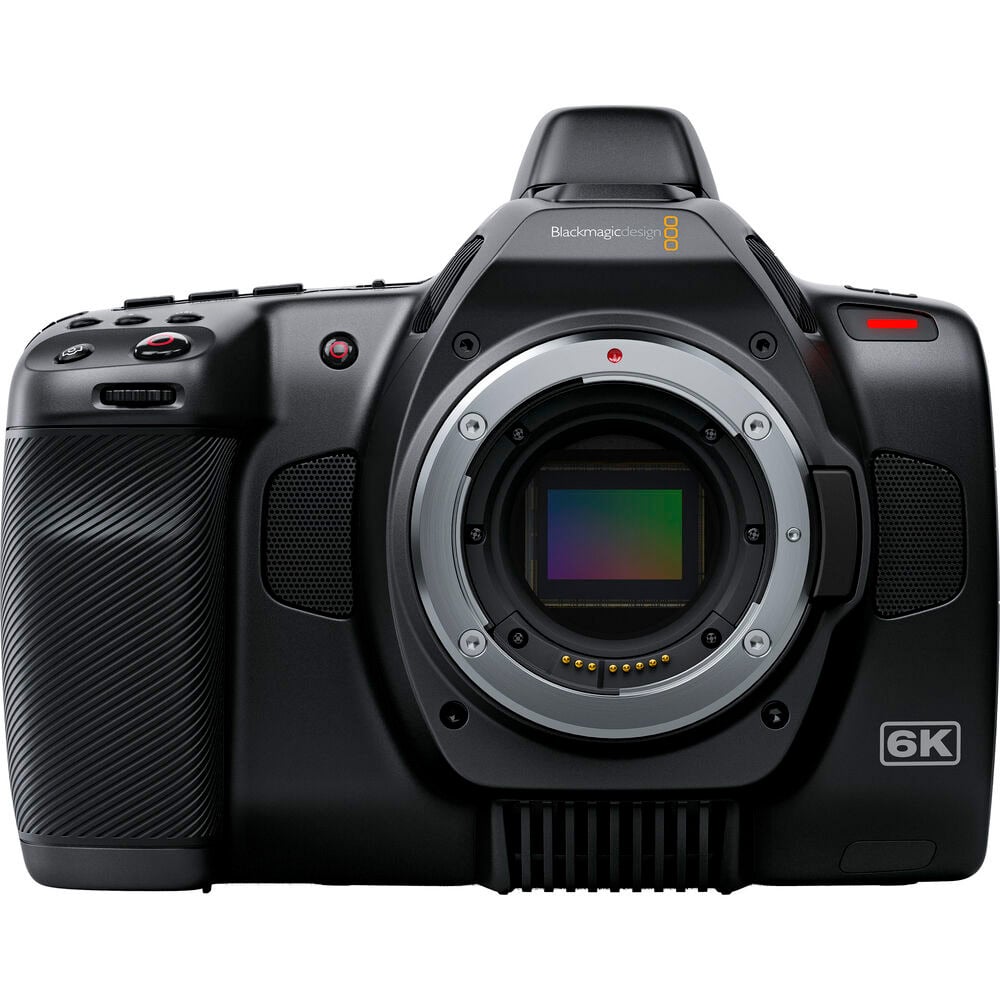 Blackmagic Design Pocket Cinema Camera 6K G2 (Body Only) with a 6144 x 3456 Super 35 HDR sensor, Canon EF mount, Gen 5 colour science, 5-inch tilting touchscreen, dual mini-XLR audio inputs, support for Blackmagic RAW and ProRes recording, and NP-F570 L-series battery.