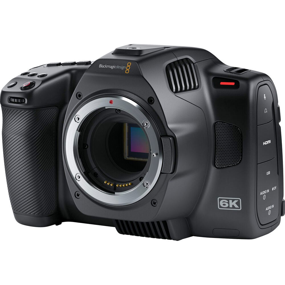 Blackmagic Design Pocket Cinema Camera 6K G2 (Body Only) with a 6144 x 3456 Super 35 HDR sensor, Canon EF mount, Gen 5 colour science, 5-inch tilting touchscreen, dual mini-XLR audio inputs, support for Blackmagic RAW and ProRes recording, and NP-F570 L-series battery.