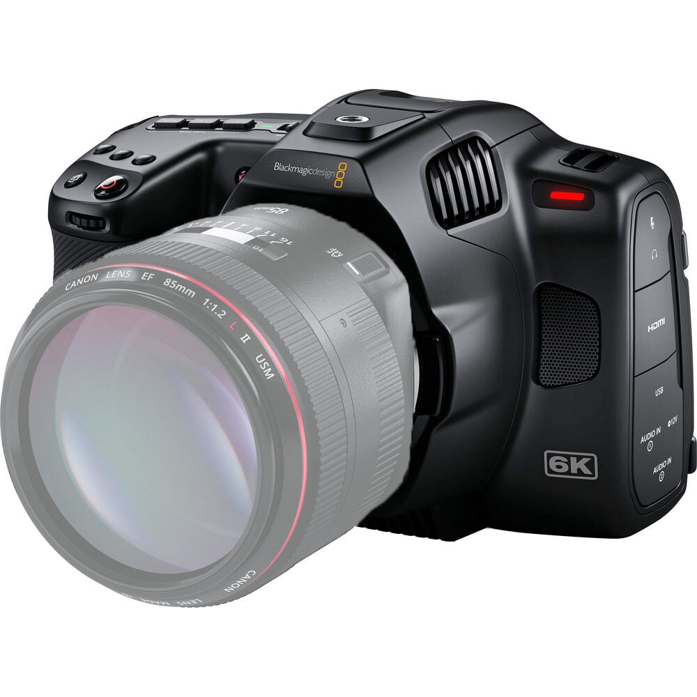 Blackmagic Design Pocket Cinema Camera 6K G2 (Body Only) with a 6144 x 3456 Super 35 HDR sensor, Canon EF mount, Gen 5 colour science, 5-inch tilting touchscreen, dual mini-XLR audio inputs, support for Blackmagic RAW and ProRes recording, and NP-F570 L-series battery.
