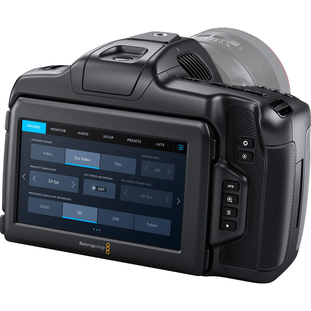 Blackmagic Design Pocket Cinema Camera 6K G2 (Body Only) with a 6144 x 3456 Super 35 HDR sensor, Canon EF mount, Gen 5 colour science, 5-inch tilting touchscreen, dual mini-XLR audio inputs, support for Blackmagic RAW and ProRes recording, and NP-F570 L-series battery.