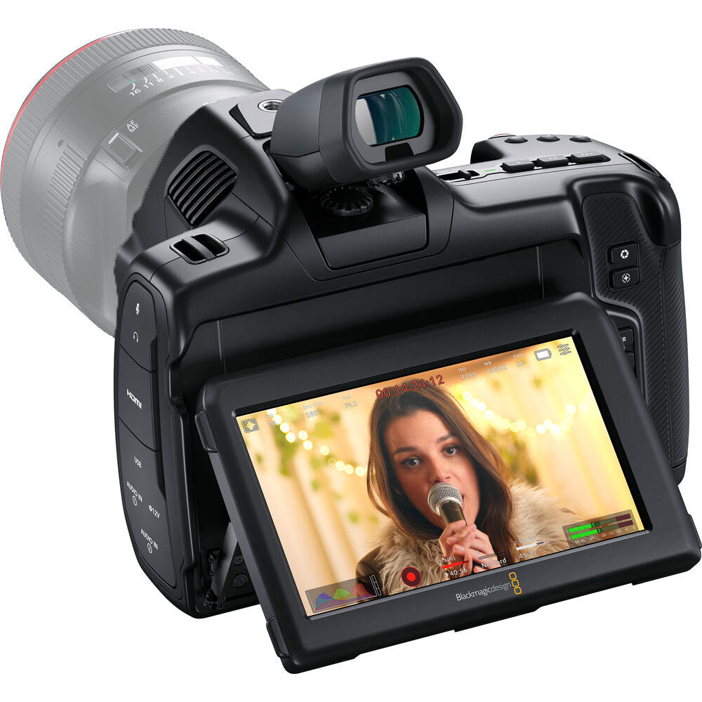 Blackmagic Design Pocket Cinema Camera 6K G2 (Body Only) with a 6144 x 3456 Super 35 HDR sensor, Canon EF mount, Gen 5 colour science, 5-inch tilting touchscreen, dual mini-XLR audio inputs, support for Blackmagic RAW and ProRes recording, and NP-F570 L-series battery.