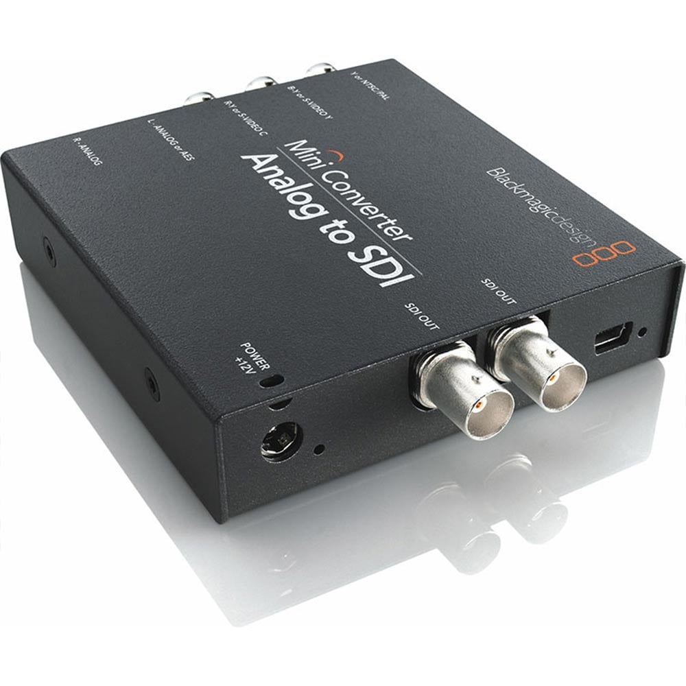 Black Mini Converter Analog to SDI device with connectors on a white background