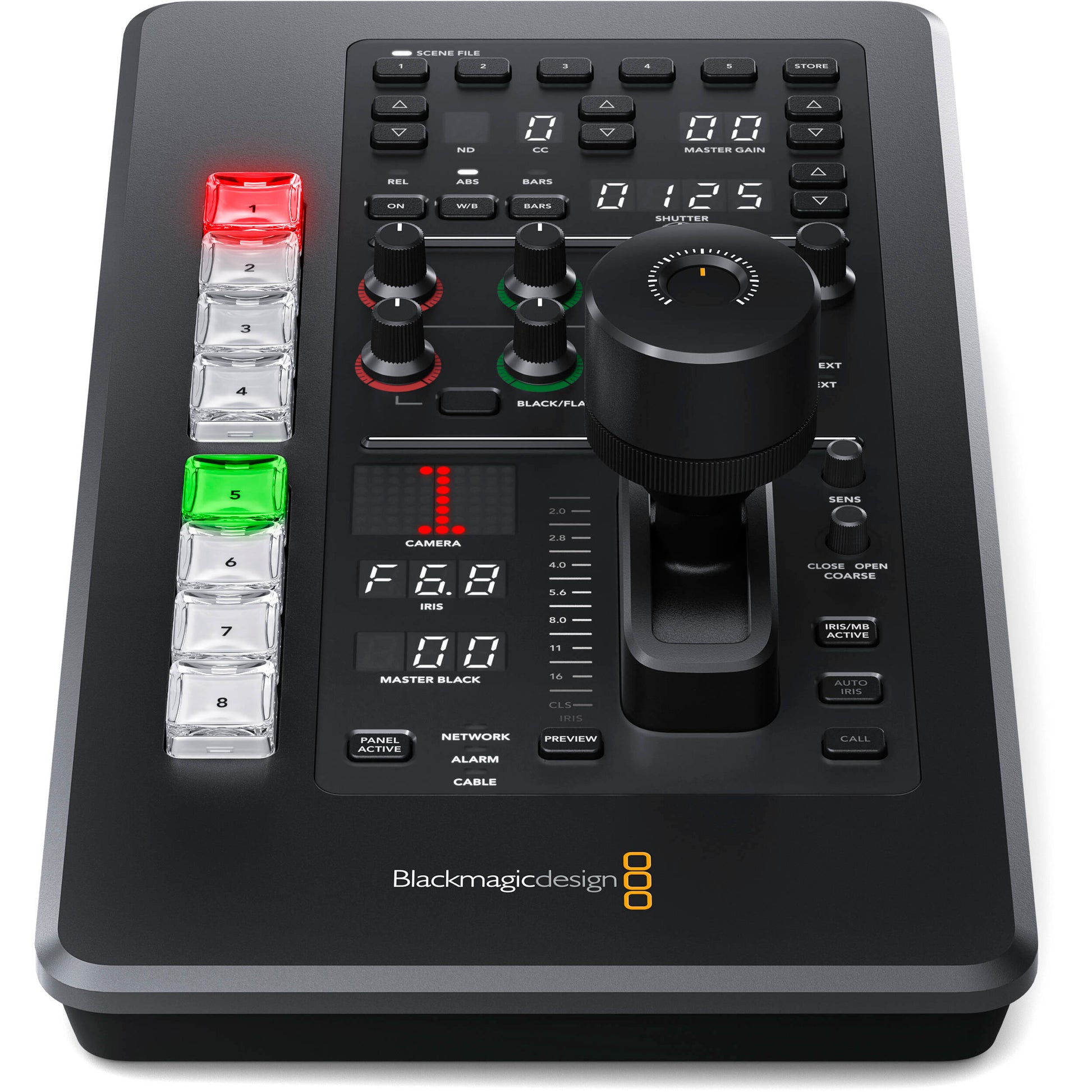 ATEM Micro Camera Panel portable CCU controller for multi-camera live production with iris, pedestal, and colour balance controls.