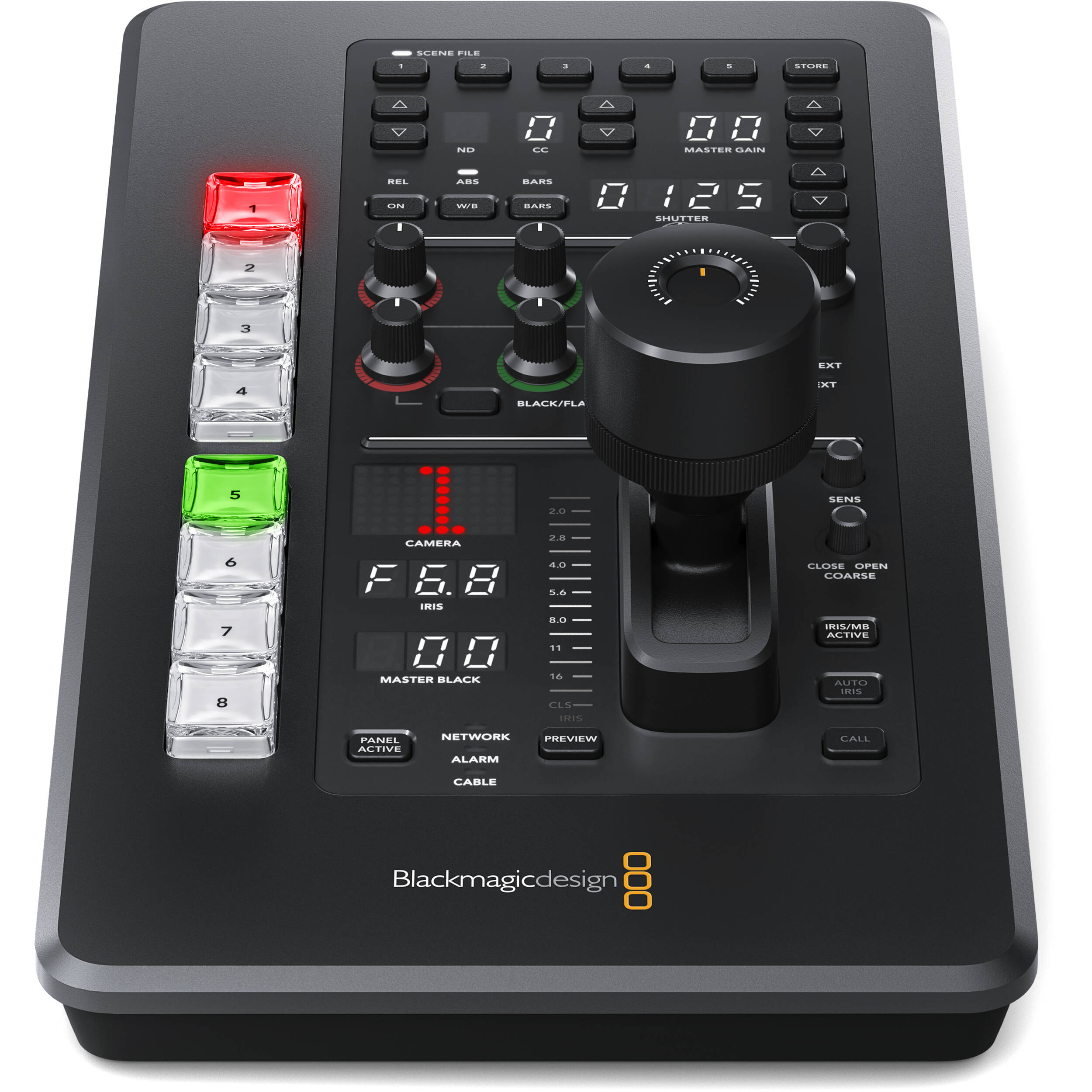 ATEM Micro Camera Panel portable CCU controller for multi-camera live production with iris, pedestal, and colour balance controls.