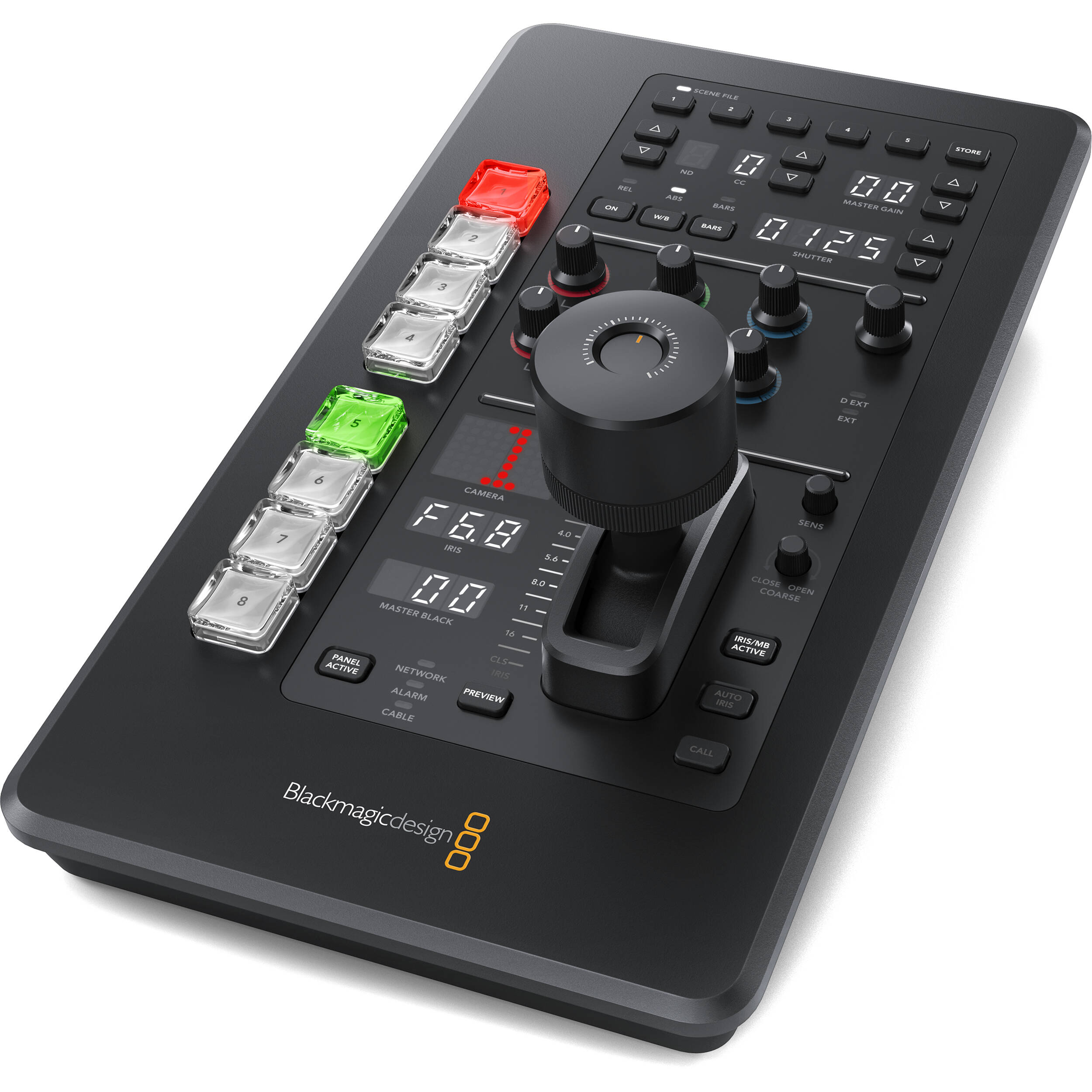 ATEM Micro Camera Panel portable CCU controller for multi-camera live production with iris, pedestal, and colour balance controls.