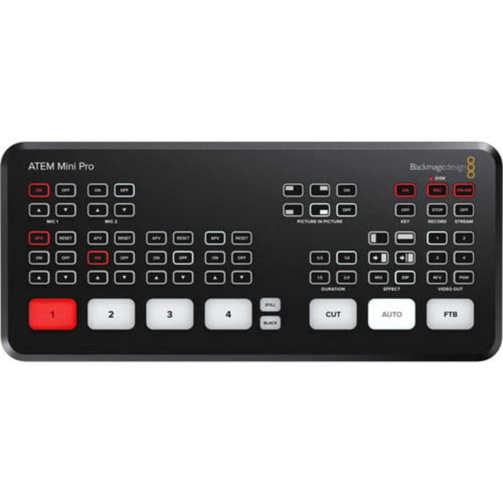 The Blackmagic Design ATEM Mini Pro is a 4-input live production switcher with an integrated control panel for multicamera live streaming or broadcasts.