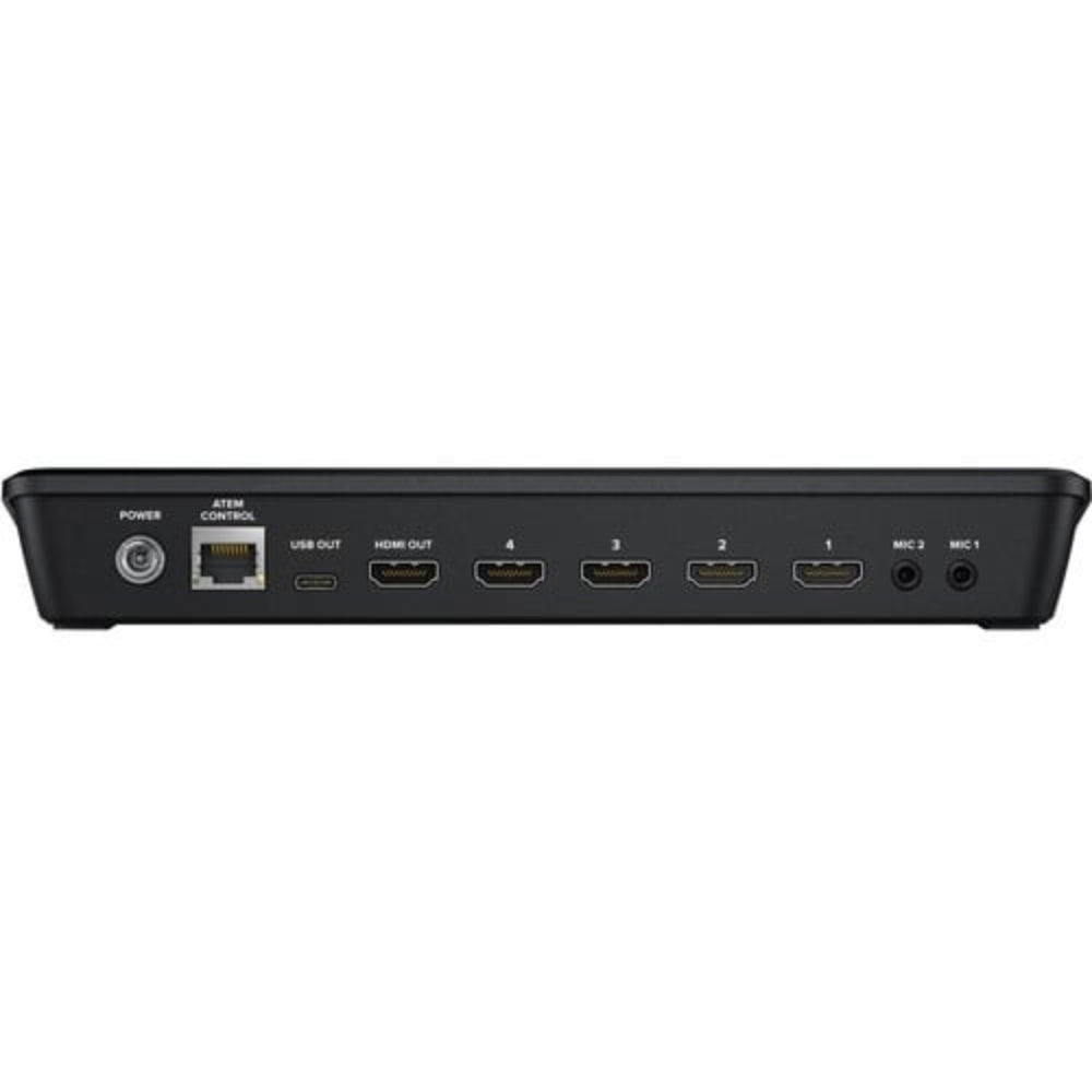 The Blackmagic Design ATEM Mini Pro is a 4-input live production switcher with an integrated control panel for multicamera live streaming or broadcasts.