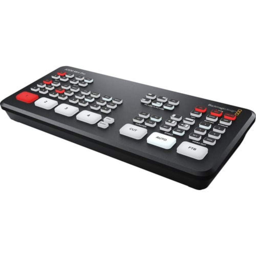 The Blackmagic Design ATEM Mini Pro is a 4-input live production switcher with an integrated control panel for multicamera live streaming or broadcasts.