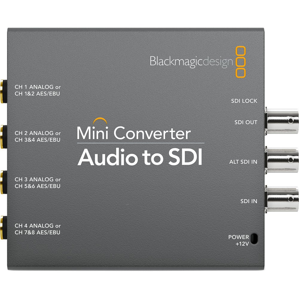 The Blackmagic Design Audio to SDI Converter connects up to four channels of balanced analogue or eight channels of AES/EBU audio via four 1/4-inch jacks.