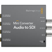 The Blackmagic Design Audio to SDI Converter connects up to four channels of balanced analogue or eight channels of AES/EBU audio via four 1/4-inch jacks.