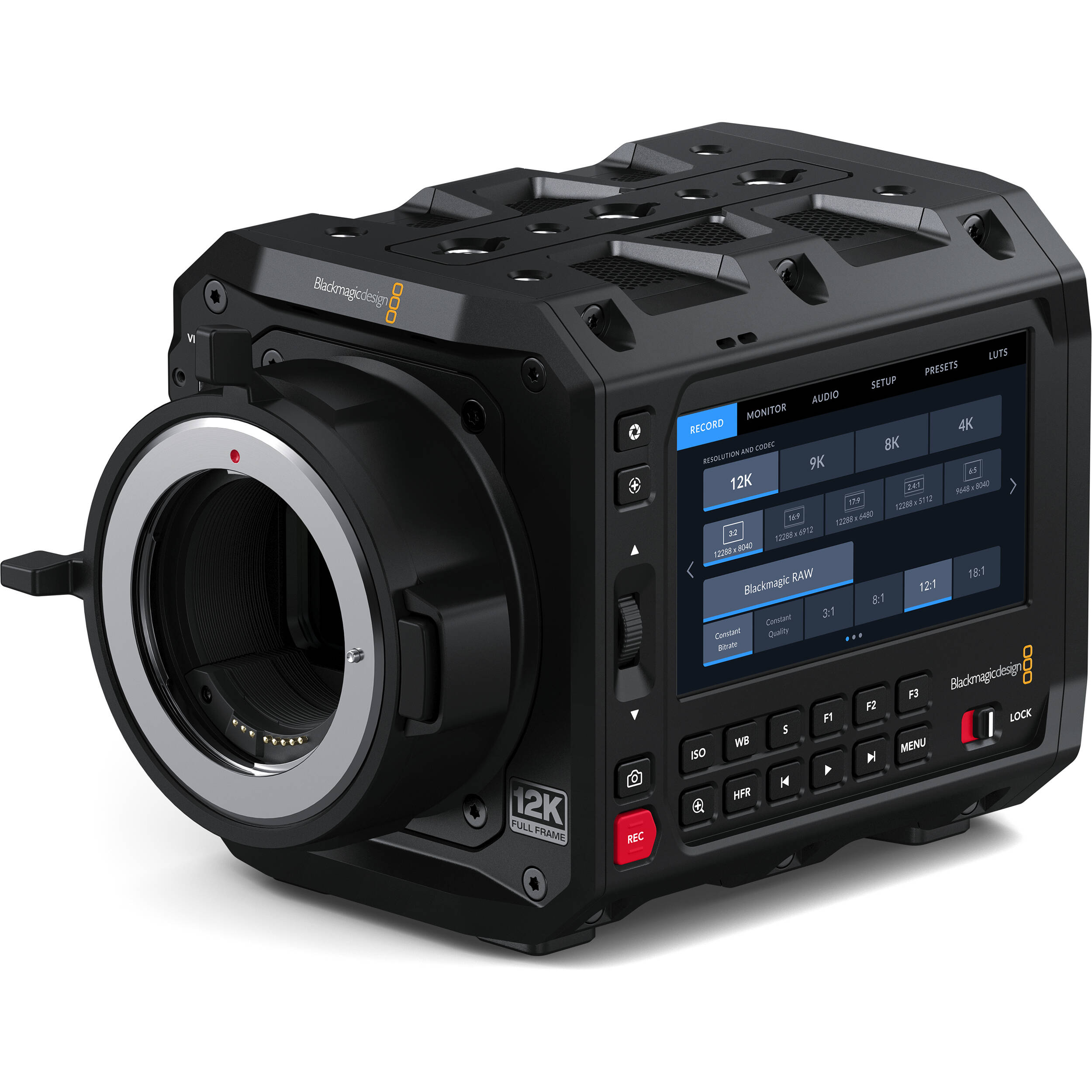 Blackmagic Design Pyxis 12K EF with full-frame 12,288 x 8040 RGBW sensor, Canon EF mount, 16 stops dynamic range, dual CFexpress slots, and versatile mounting options for professional digital film production.