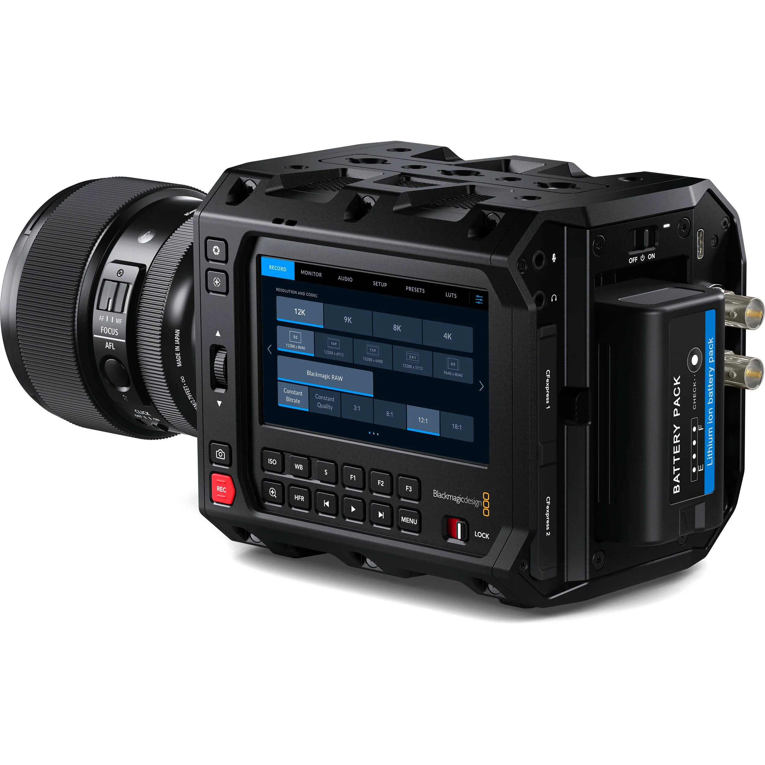 Blackmagic Design Pyxis 12K EF with full-frame 12,288 x 8040 RGBW sensor, Canon EF mount, 16 stops dynamic range, dual CFexpress slots, and versatile mounting options for professional digital film production.