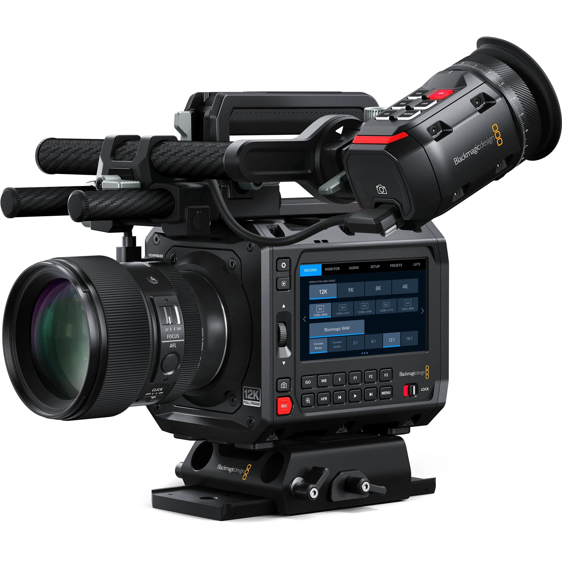 Blackmagic Design Pyxis 12K EF with full-frame 12,288 x 8040 RGBW sensor, Canon EF mount, 16 stops dynamic range, dual CFexpress slots, and versatile mounting options for professional digital film production.