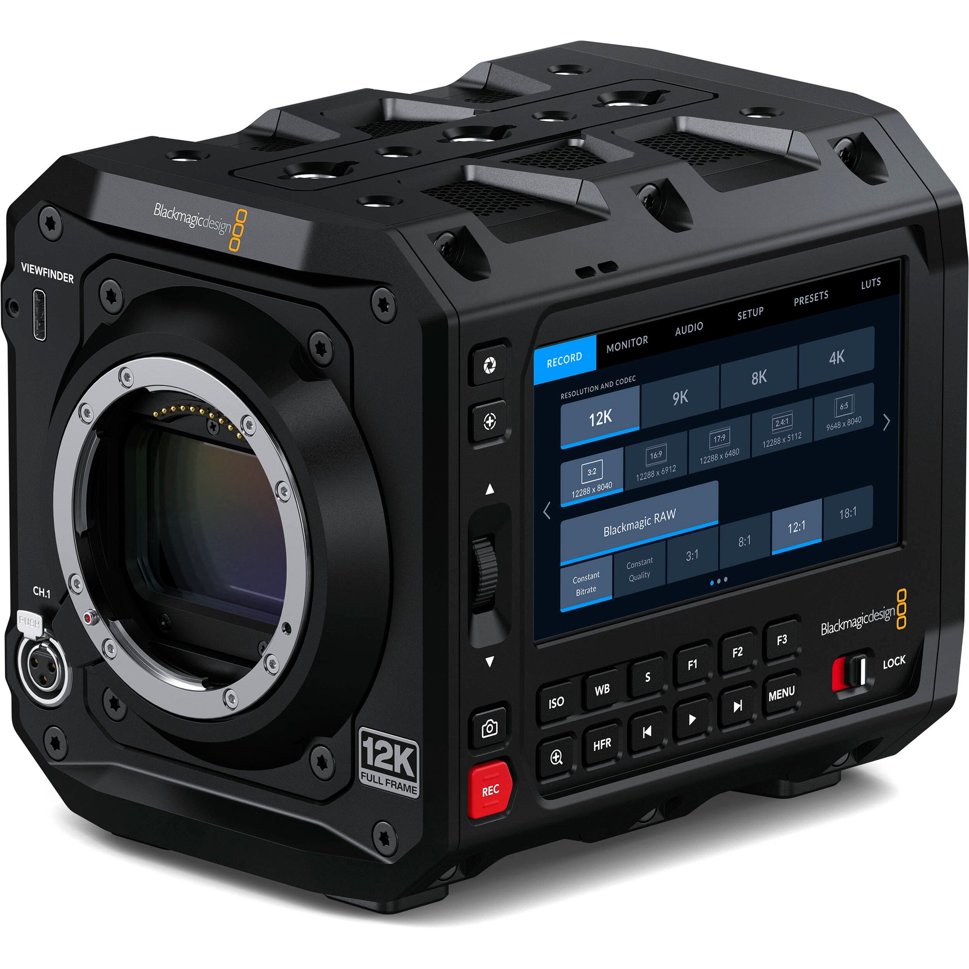 Blackmagic Design Pyxis 12K Leica camera with Super35 sensor, Leica L mount, and 12K resolution for high-end digital film production.