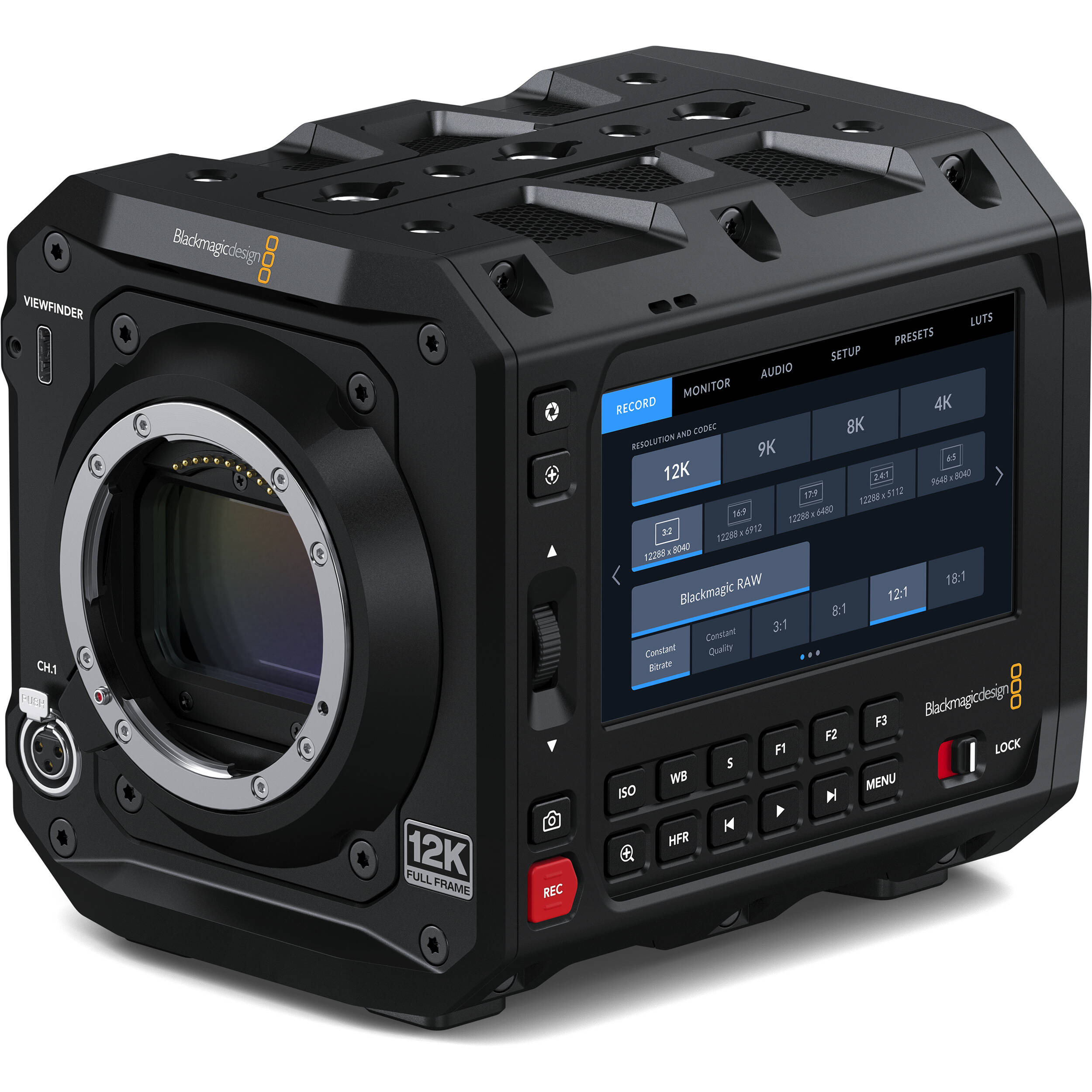 Blackmagic Design Pyxis 12K Leica camera with Super35 sensor, Leica L mount, and 12K resolution for high-end digital film production.