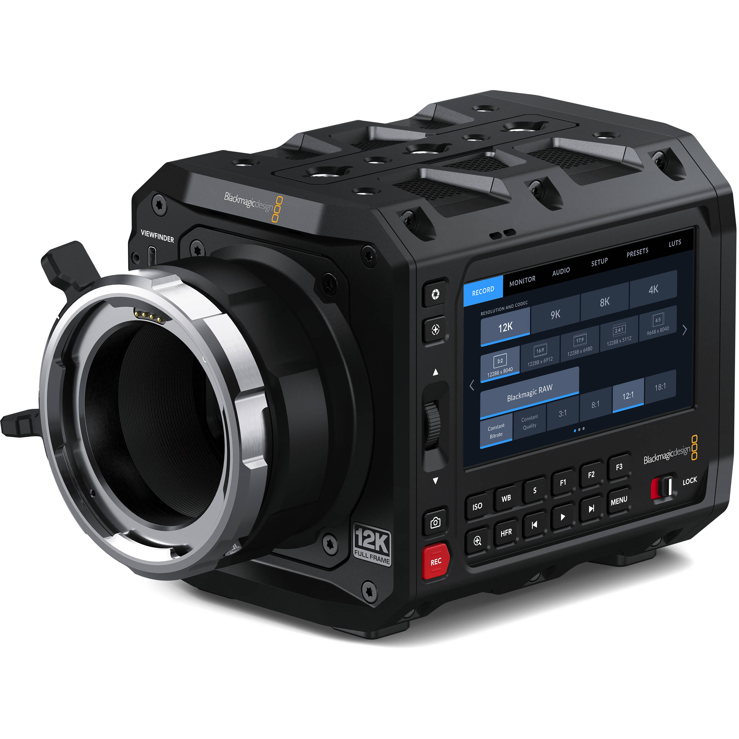 Blackmagic Design Pyxis 12K PL with full-frame 12,288 x 8040 RGBW sensor, ARRI PL mount, 16 stops dynamic range, dual CFexpress slots, 4" 1500 nit LCD touchscreen, and professional audio inputs.