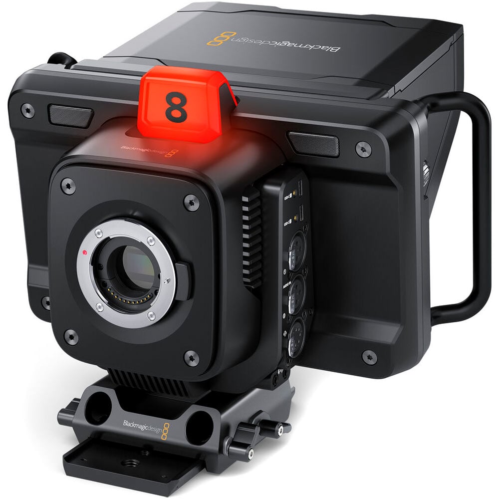 Blackmagic Design Studio Camera 4K Pro G2 (Body Only) with Micro Four Thirds lens mount, 4K UHD 3840x2160p60 sensor, 13 stops dynamic range, dual native ISO up to 25,600, professional 12G-SDI and 10G Ethernet connections, 7" HDR touchscreen, Blackmagic RAW recording, XLR and 3.5mm audio inputs, and built-in talkback.