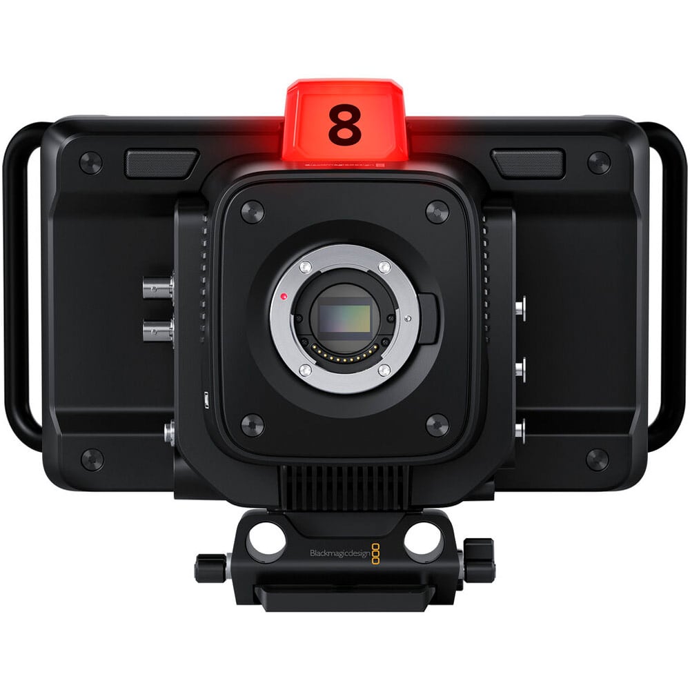 Blackmagic Design Studio Camera 4K Pro G2 (Body Only) with Micro Four Thirds lens mount, 4K UHD 3840x2160p60 sensor, 13 stops dynamic range, dual native ISO up to 25,600, professional 12G-SDI and 10G Ethernet connections, 7" HDR touchscreen, Blackmagic RAW recording, XLR and 3.5mm audio inputs, and built-in talkback.