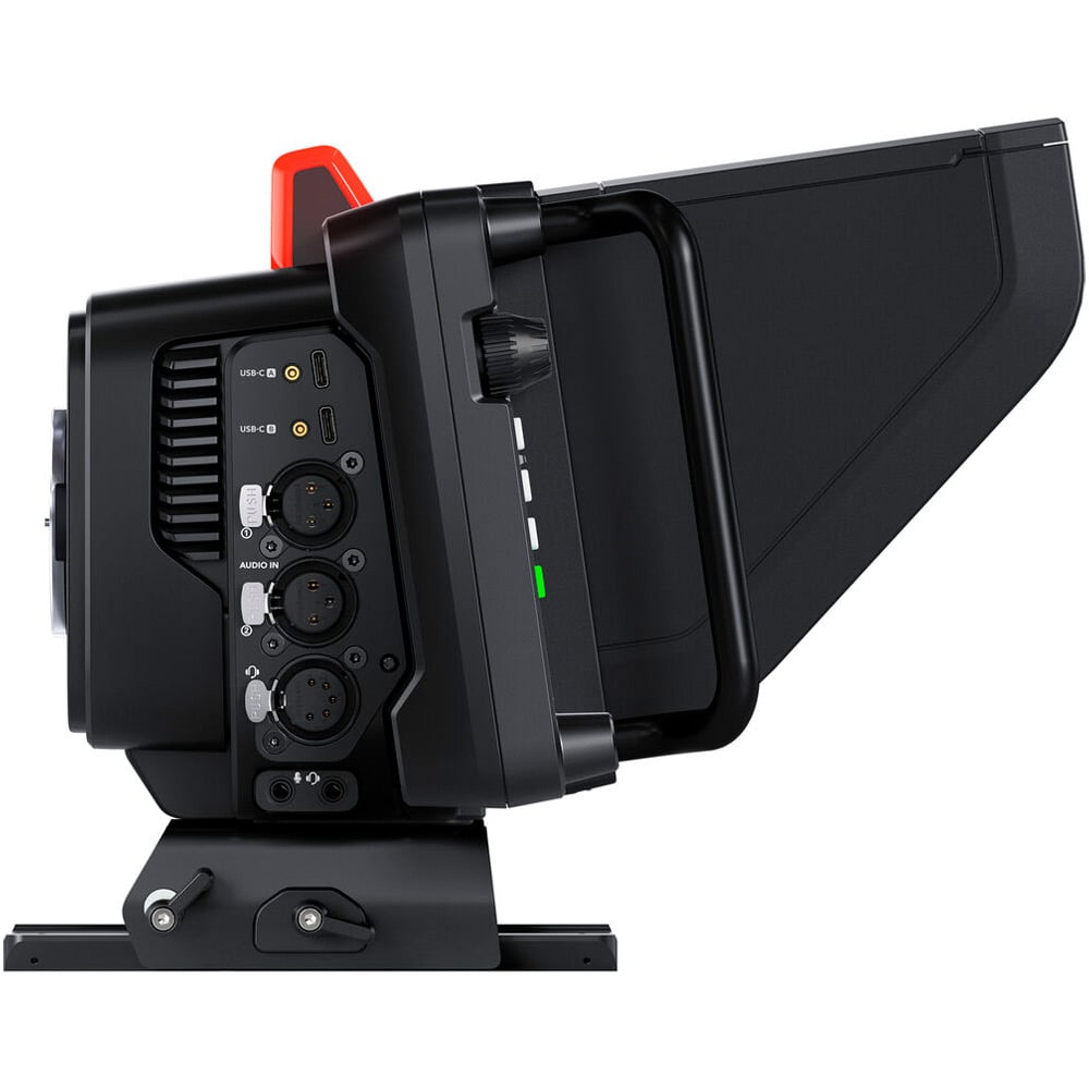 Blackmagic Design Studio Camera 4K Pro G2 (Body Only) with Micro Four Thirds lens mount, 4K UHD 3840x2160p60 sensor, 13 stops dynamic range, dual native ISO up to 25,600, professional 12G-SDI and 10G Ethernet connections, 7" HDR touchscreen, Blackmagic RAW recording, XLR and 3.5mm audio inputs, and built-in talkback.