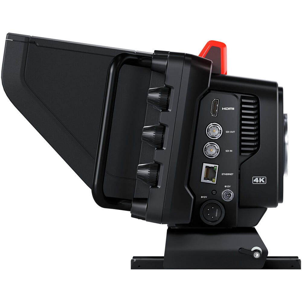 Blackmagic Design Studio Camera 4K Pro G2 (Body Only) with Micro Four Thirds lens mount, 4K UHD 3840x2160p60 sensor, 13 stops dynamic range, dual native ISO up to 25,600, professional 12G-SDI and 10G Ethernet connections, 7" HDR touchscreen, Blackmagic RAW recording, XLR and 3.5mm audio inputs, and built-in talkback.