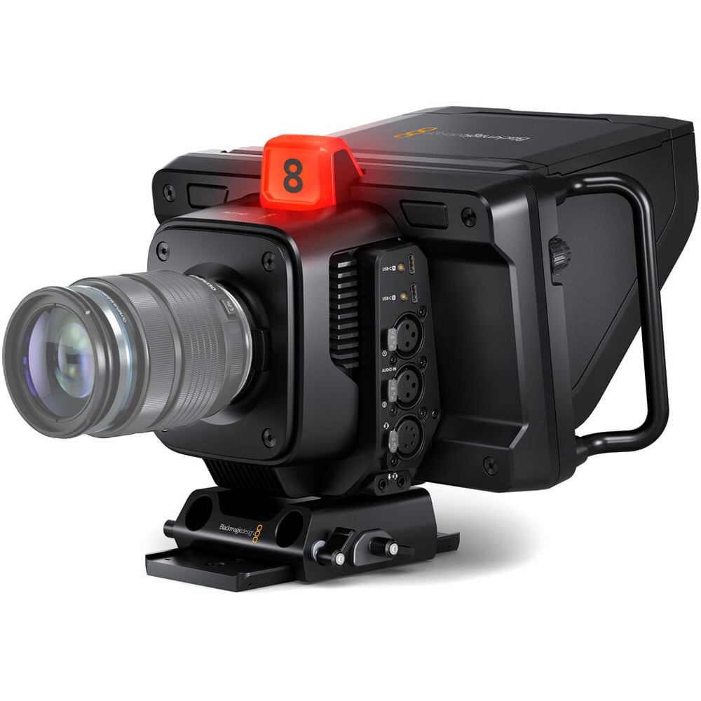 Blackmagic Design Studio Camera 4K Pro G2 (Body Only) with Micro Four Thirds lens mount, 4K UHD 3840x2160p60 sensor, 13 stops dynamic range, dual native ISO up to 25,600, professional 12G-SDI and 10G Ethernet connections, 7" HDR touchscreen, Blackmagic RAW recording, XLR and 3.5mm audio inputs, and built-in talkback.