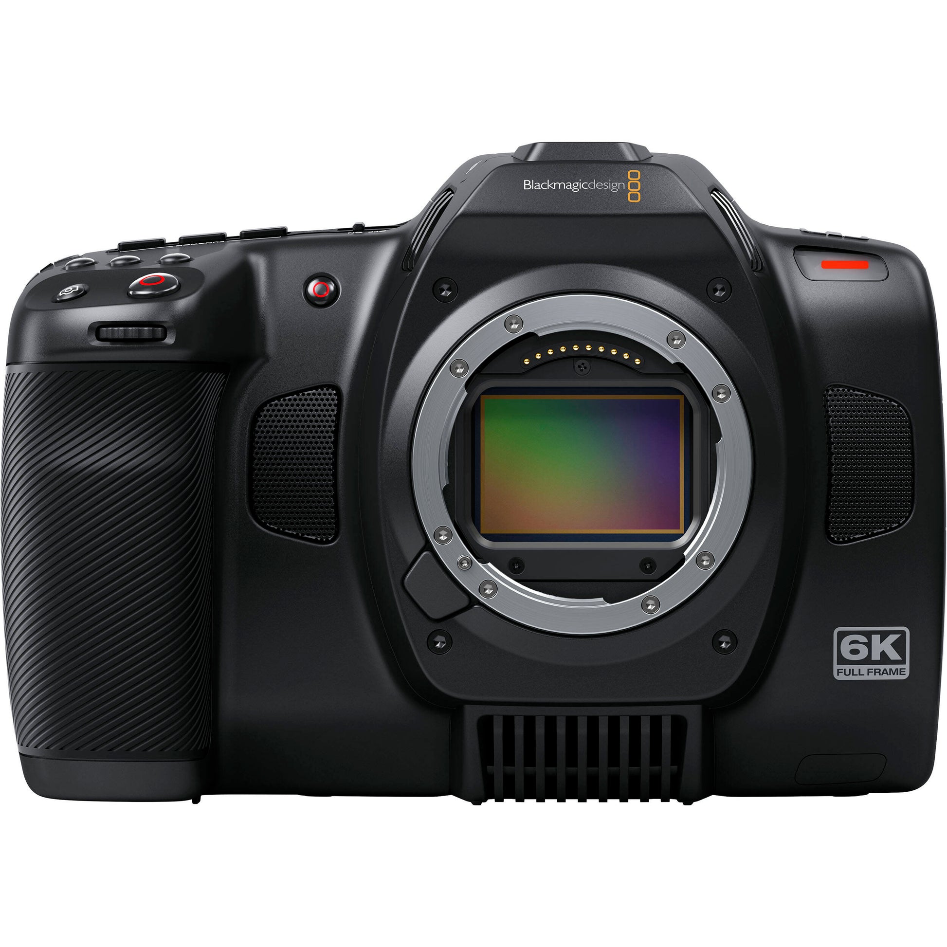 Blackmagic Design Cinema Camera 6K featuring a 6048 x 4032 full-frame HDR sensor with 13 stops dynamic range, dual native ISO up to 25,600, Leica L-mount, 5-inch tilting HDR touchscreen, CFexpress and USB-C recording, and 12-bit Blackmagic RAW capture at up to 36 fps in 6K resolution.