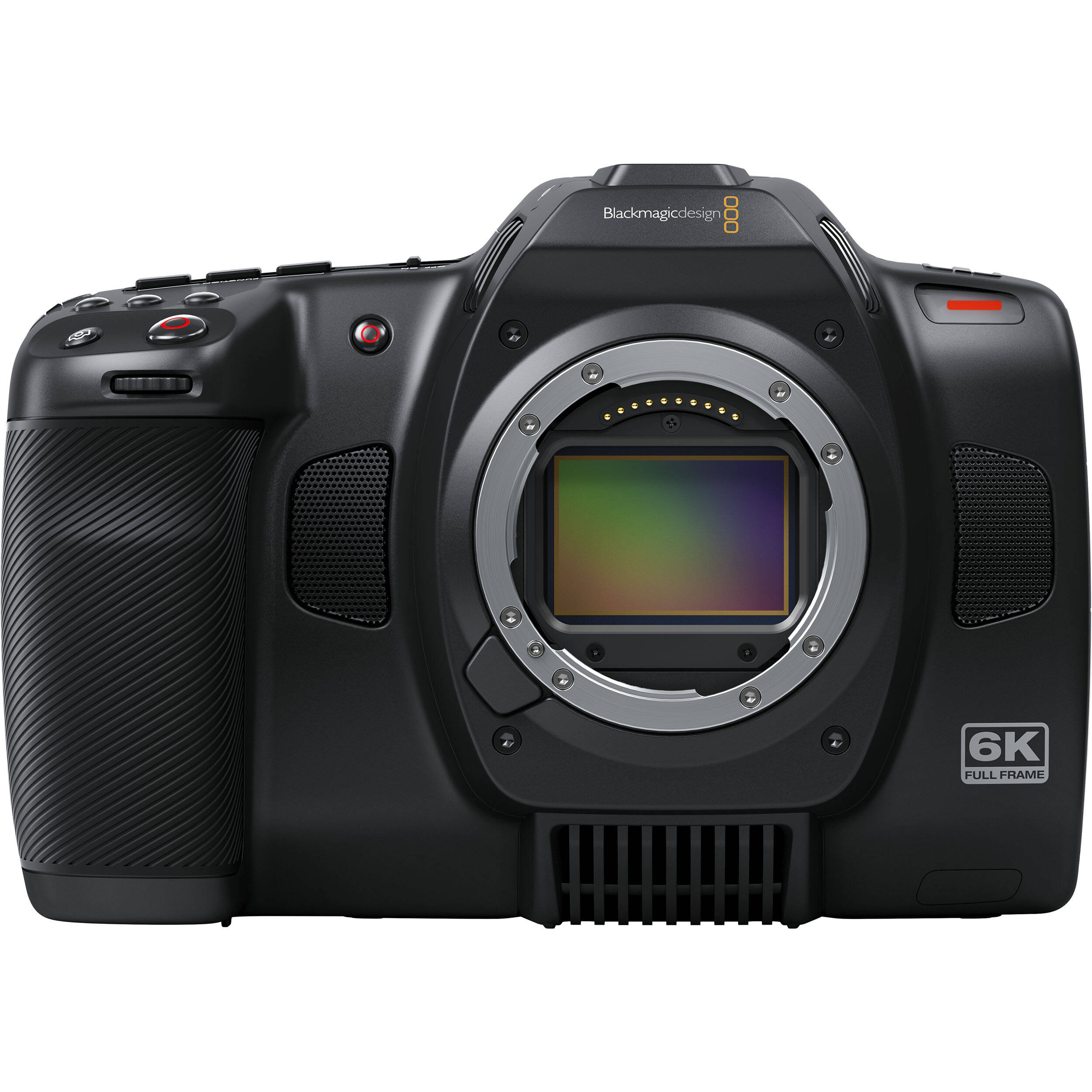 Blackmagic Design Cinema Camera 6K featuring a 6048 x 4032 full-frame HDR sensor with 13 stops dynamic range, dual native ISO up to 25,600, Leica L-mount, 5-inch tilting HDR touchscreen, CFexpress and USB-C recording, and 12-bit Blackmagic RAW capture at up to 36 fps in 6K resolution.