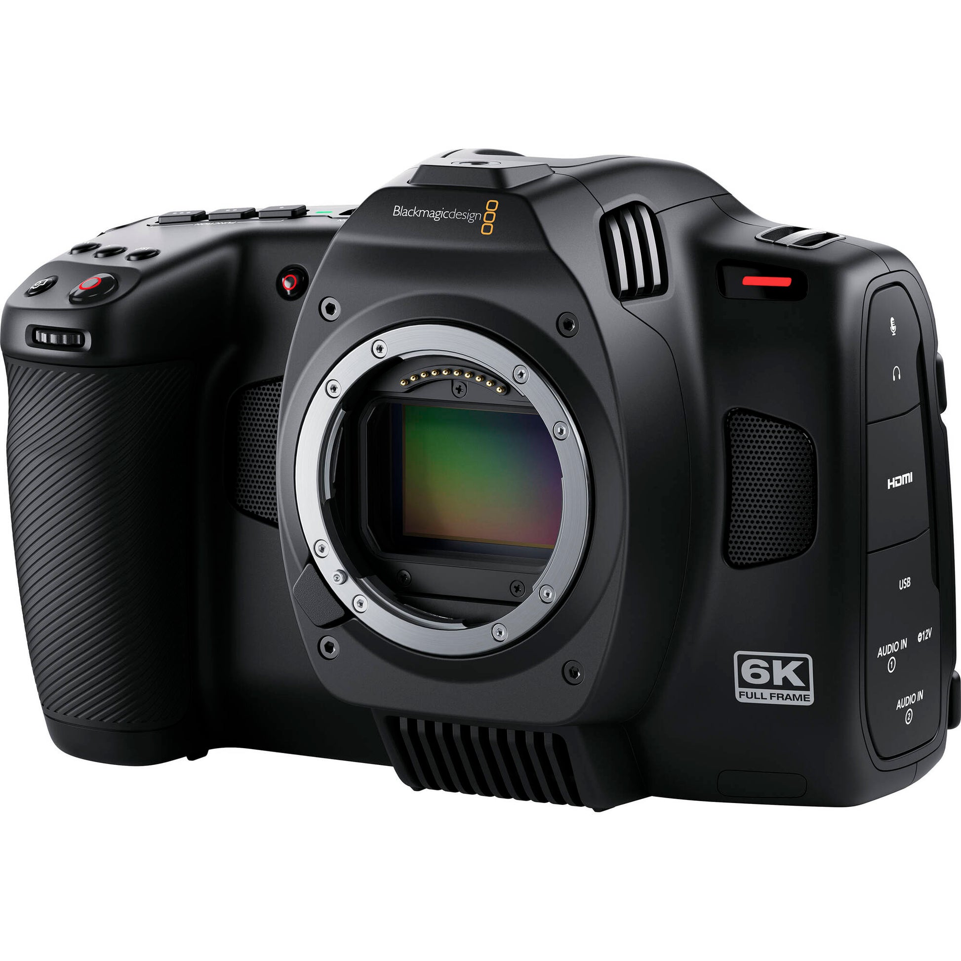 Blackmagic Design Cinema Camera 6K featuring a 6048 x 4032 full-frame HDR sensor with 13 stops dynamic range, dual native ISO up to 25,600, Leica L-mount, 5-inch tilting HDR touchscreen, CFexpress and USB-C recording, and 12-bit Blackmagic RAW capture at up to 36 fps in 6K resolution.