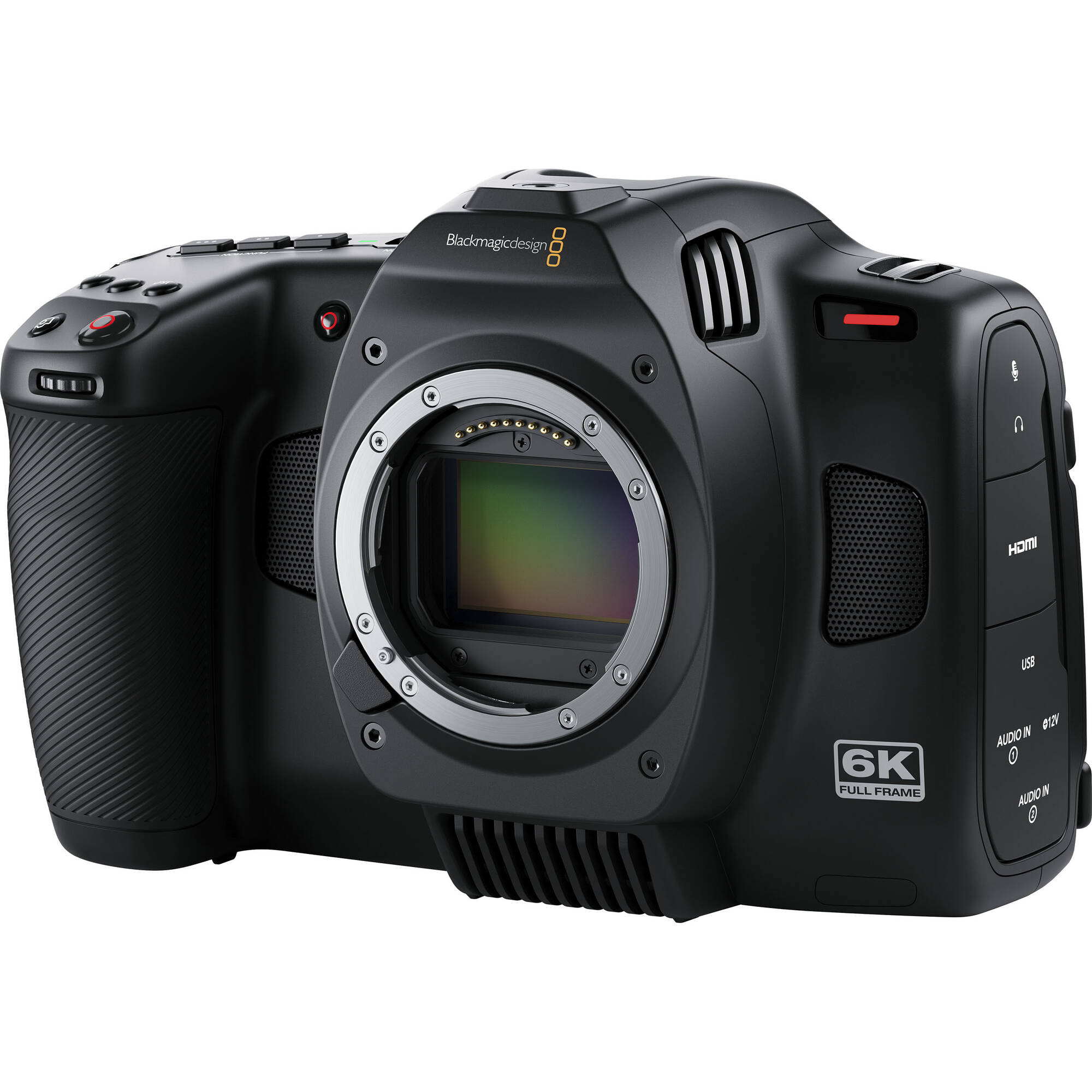 Blackmagic Design Cinema Camera 6K featuring a 6048 x 4032 full-frame HDR sensor with 13 stops dynamic range, dual native ISO up to 25,600, Leica L-mount, 5-inch tilting HDR touchscreen, CFexpress and USB-C recording, and 12-bit Blackmagic RAW capture at up to 36 fps in 6K resolution.