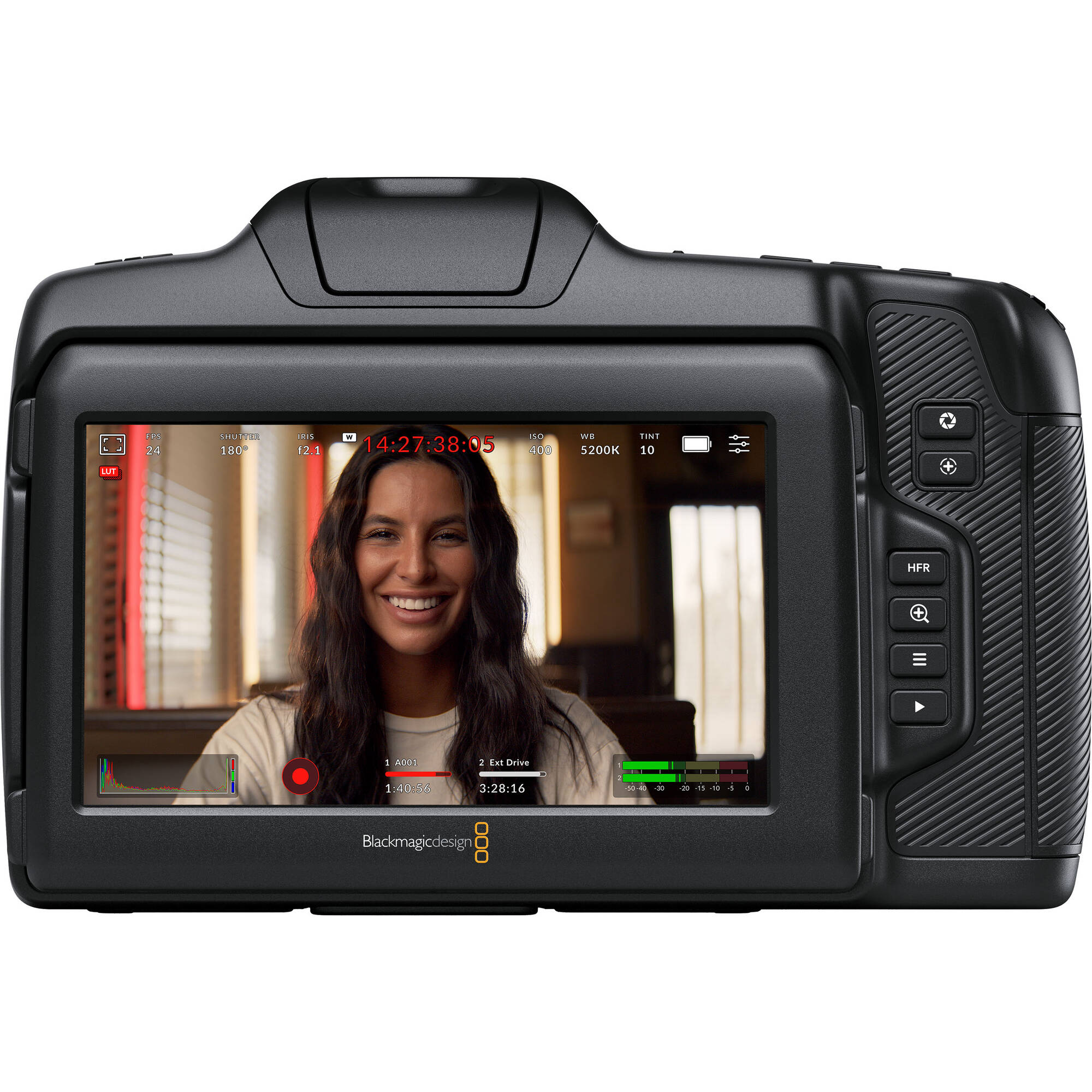 Blackmagic Design Cinema Camera 6K featuring a 6048 x 4032 full-frame HDR sensor with 13 stops dynamic range, dual native ISO up to 25,600, Leica L-mount, 5-inch tilting HDR touchscreen, CFexpress and USB-C recording, and 12-bit Blackmagic RAW capture at up to 36 fps in 6K resolution.