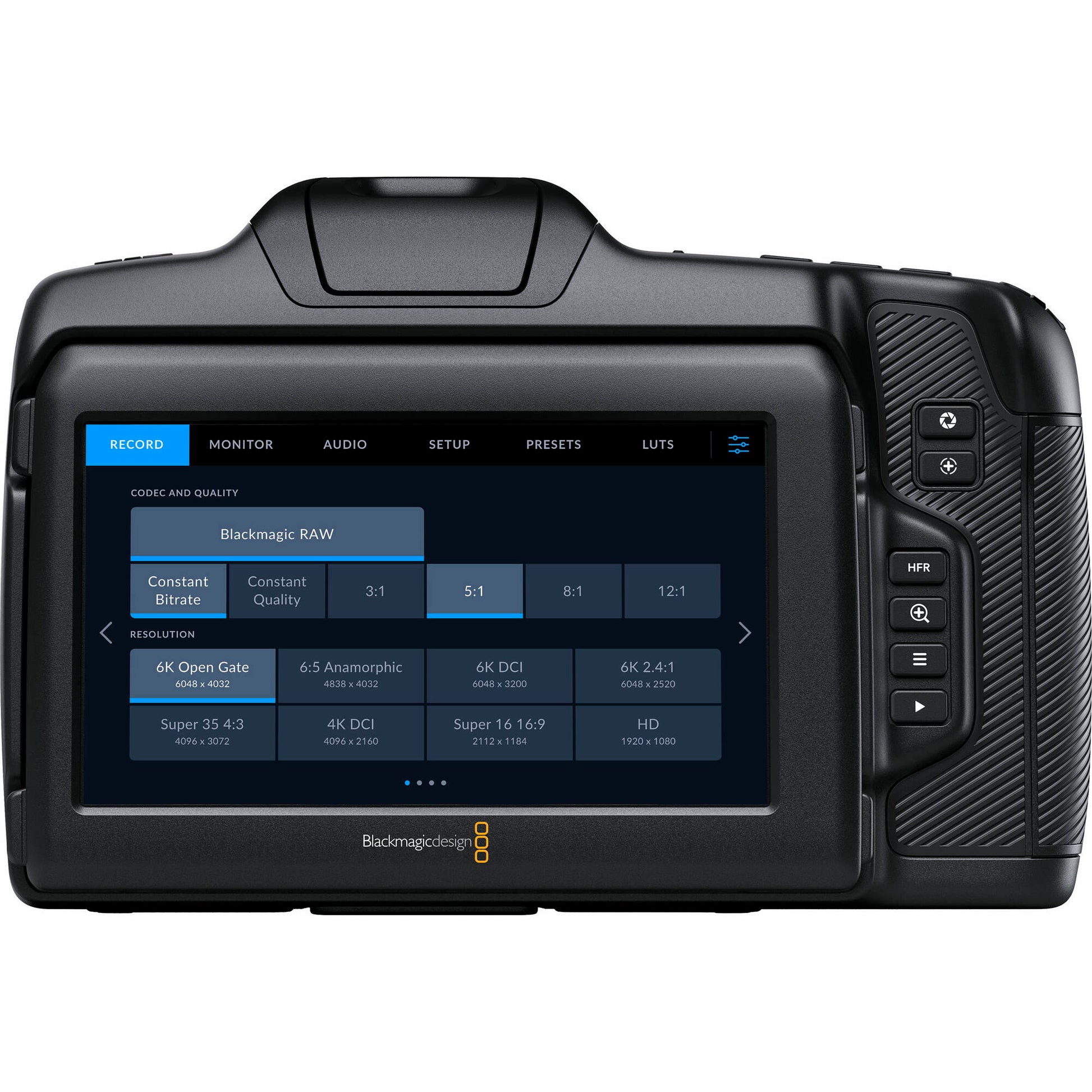 Blackmagic Design Cinema Camera 6K featuring a 6048 x 4032 full-frame HDR sensor with 13 stops dynamic range, dual native ISO up to 25,600, Leica L-mount, 5-inch tilting HDR touchscreen, CFexpress and USB-C recording, and 12-bit Blackmagic RAW capture at up to 36 fps in 6K resolution.