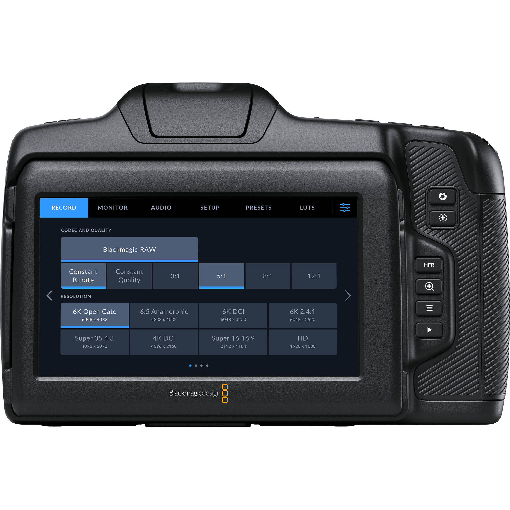 Blackmagic Design Cinema Camera 6K featuring a 6048 x 4032 full-frame HDR sensor with 13 stops dynamic range, dual native ISO up to 25,600, Leica L-mount, 5-inch tilting HDR touchscreen, CFexpress and USB-C recording, and 12-bit Blackmagic RAW capture at up to 36 fps in 6K resolution.