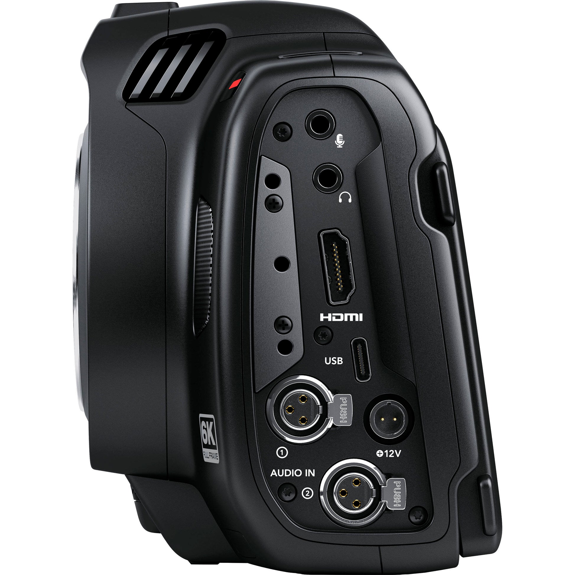 Blackmagic Design Cinema Camera 6K featuring a 6048 x 4032 full-frame HDR sensor with 13 stops dynamic range, dual native ISO up to 25,600, Leica L-mount, 5-inch tilting HDR touchscreen, CFexpress and USB-C recording, and 12-bit Blackmagic RAW capture at up to 36 fps in 6K resolution.