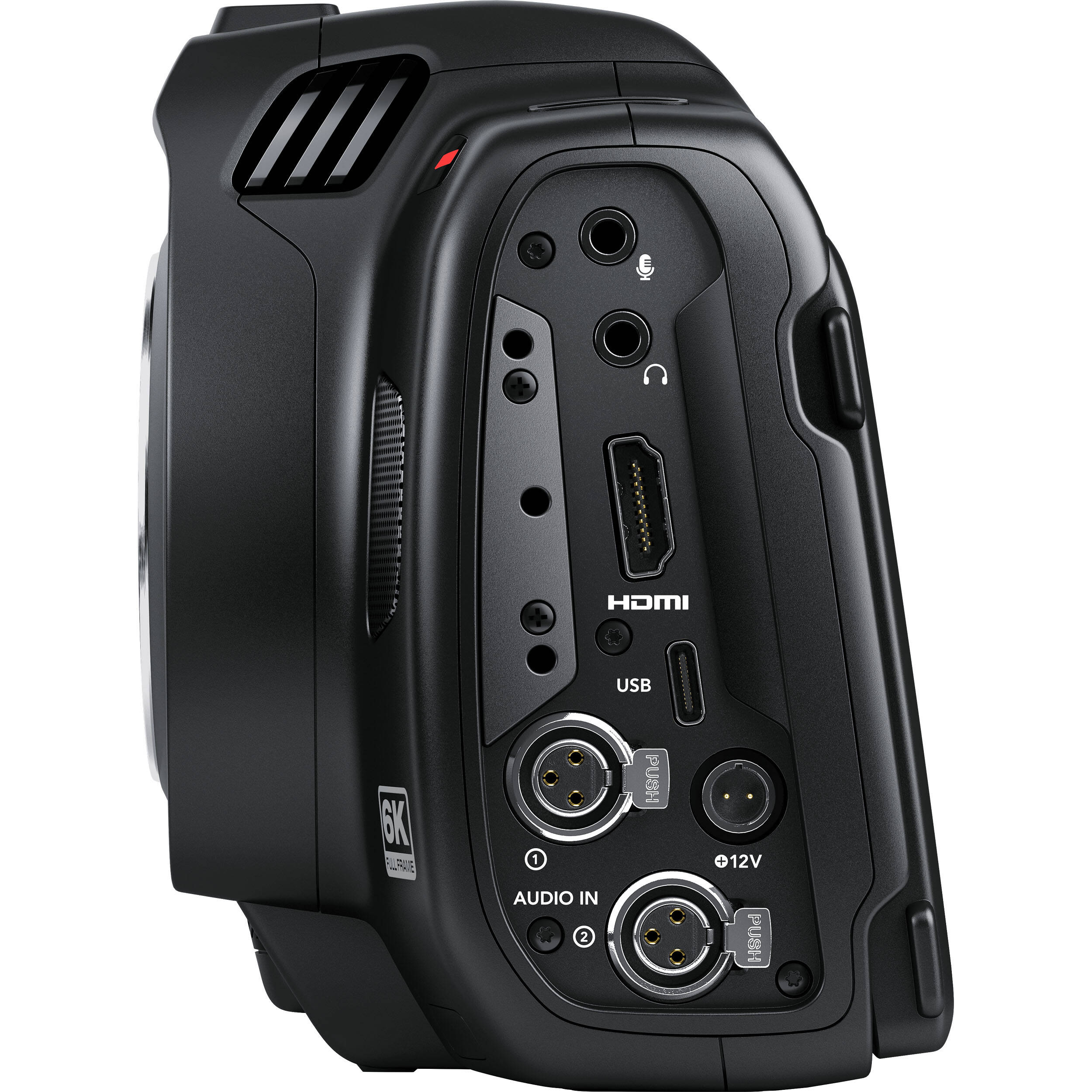Blackmagic Design Cinema Camera 6K featuring a 6048 x 4032 full-frame HDR sensor with 13 stops dynamic range, dual native ISO up to 25,600, Leica L-mount, 5-inch tilting HDR touchscreen, CFexpress and USB-C recording, and 12-bit Blackmagic RAW capture at up to 36 fps in 6K resolution.