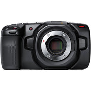 Blackmagic Design Pocket Cinema Camera 4K (Body Only) with a 4/3-inch HDR sensor offering 4096 x 2160 resolution, 13 stops dynamic range, dual native ISO up to 25,600, Micro Four Thirds lens mount, 5-inch touchscreen, professional audio inputs, and recording in Blackmagic RAW and ProRes formats.
