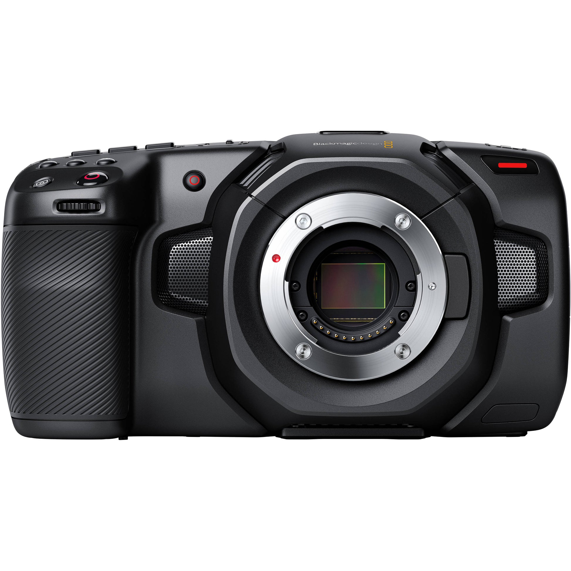 Blackmagic Design Pocket Cinema Camera 4K (Body Only) with a 4/3-inch HDR sensor offering 4096 x 2160 resolution, 13 stops dynamic range, dual native ISO up to 25,600, Micro Four Thirds lens mount, 5-inch touchscreen, professional audio inputs, and recording in Blackmagic RAW and ProRes formats.