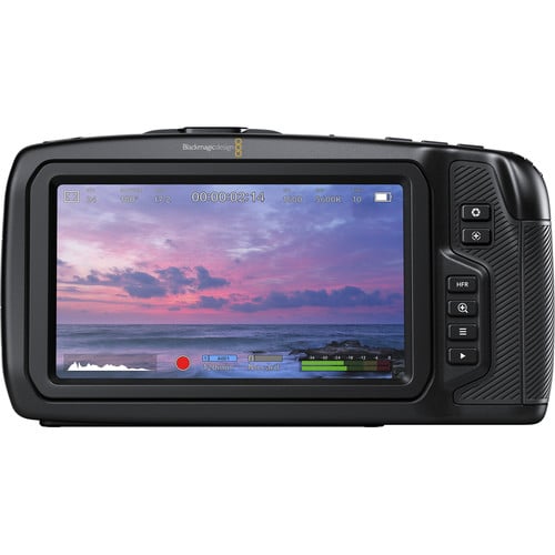 Blackmagic Design Pocket Cinema Camera 4K (Body Only) with a 4/3-inch HDR sensor offering 4096 x 2160 resolution, 13 stops dynamic range, dual native ISO up to 25,600, Micro Four Thirds lens mount, 5-inch touchscreen, professional audio inputs, and recording in Blackmagic RAW and ProRes formats.