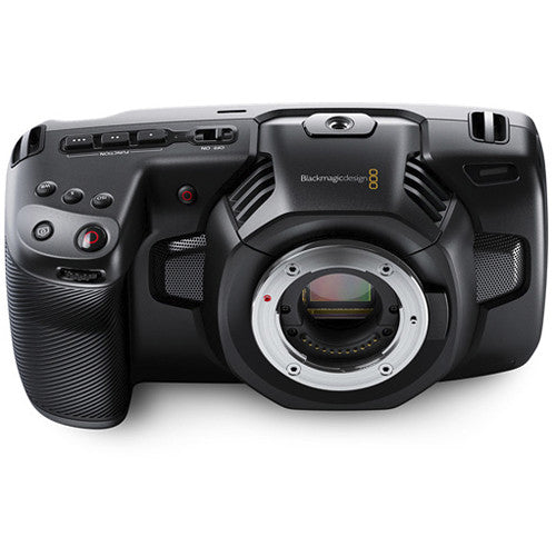 Blackmagic Design Pocket Cinema Camera 4K (Body Only) with a 4/3-inch HDR sensor offering 4096 x 2160 resolution, 13 stops dynamic range, dual native ISO up to 25,600, Micro Four Thirds lens mount, 5-inch touchscreen, professional audio inputs, and recording in Blackmagic RAW and ProRes formats.
