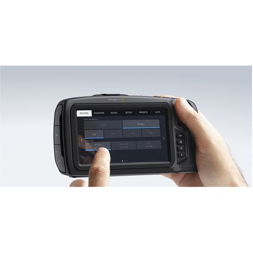 Blackmagic Design Pocket Cinema Camera 4K (Body Only) with a 4/3-inch HDR sensor offering 4096 x 2160 resolution, 13 stops dynamic range, dual native ISO up to 25,600, Micro Four Thirds lens mount, 5-inch touchscreen, professional audio inputs, and recording in Blackmagic RAW and ProRes formats.