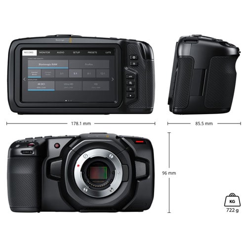 Blackmagic Design Pocket Cinema Camera 4K (Body Only) with a 4/3-inch HDR sensor offering 4096 x 2160 resolution, 13 stops dynamic range, dual native ISO up to 25,600, Micro Four Thirds lens mount, 5-inch touchscreen, professional audio inputs, and recording in Blackmagic RAW and ProRes formats.