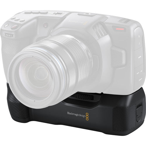 The Blackmagic Pocket Battery Grip lets you replace the standard LP‑E6 battery with two L‑series batteries so you can shoot for over 2 hrs on a single charge.